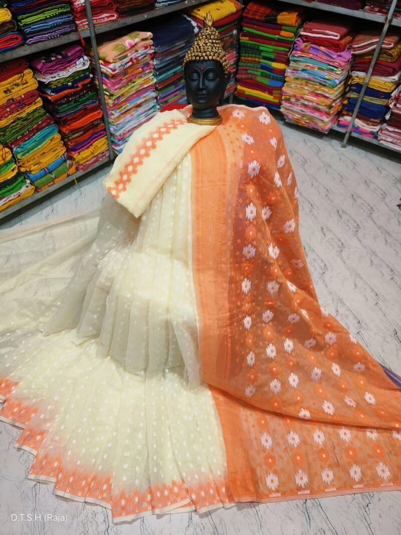 Rupnila Soft Cream Orange Jamdani Saree