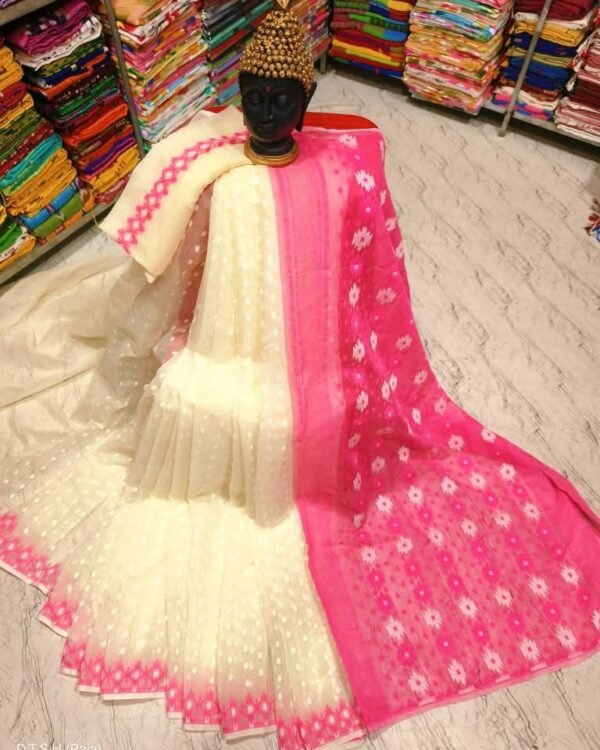 Rupnila Soft Cream Pink Jamdani Saree