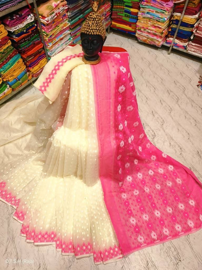 Rupnila Soft Cream Pink Jamdani Saree
