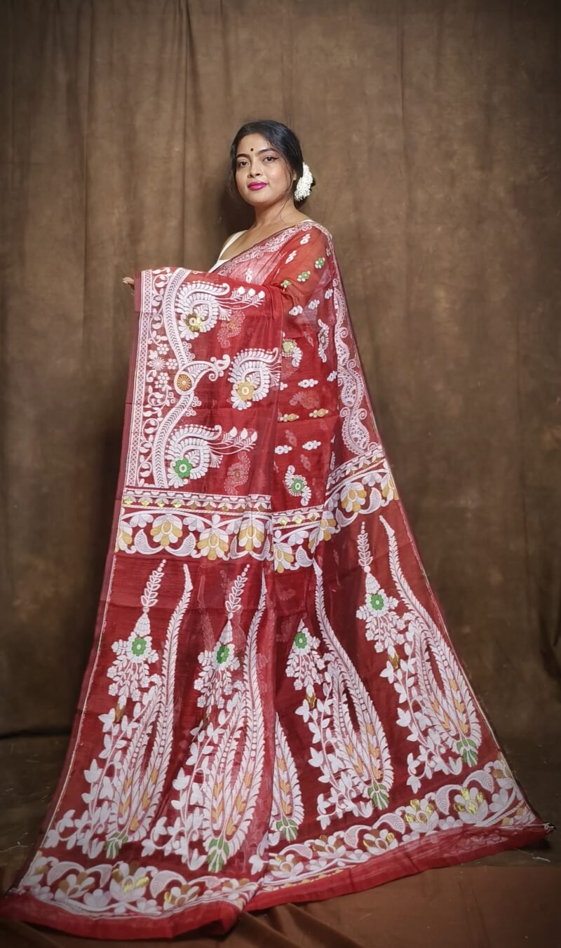 Subholata Soft Red Jamdani Saree - Image 2