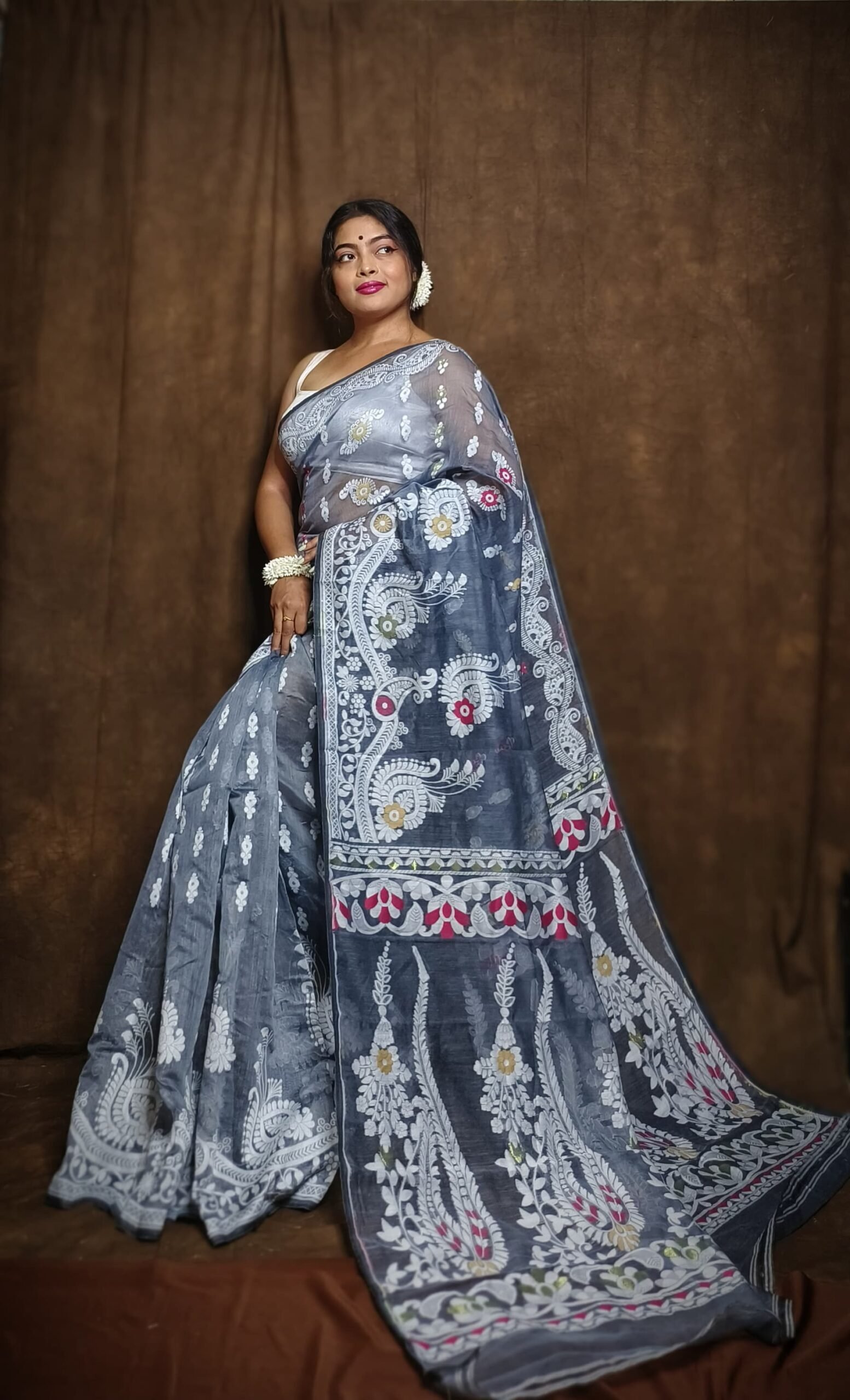 Subholata Soft Grey Jamdani Saree