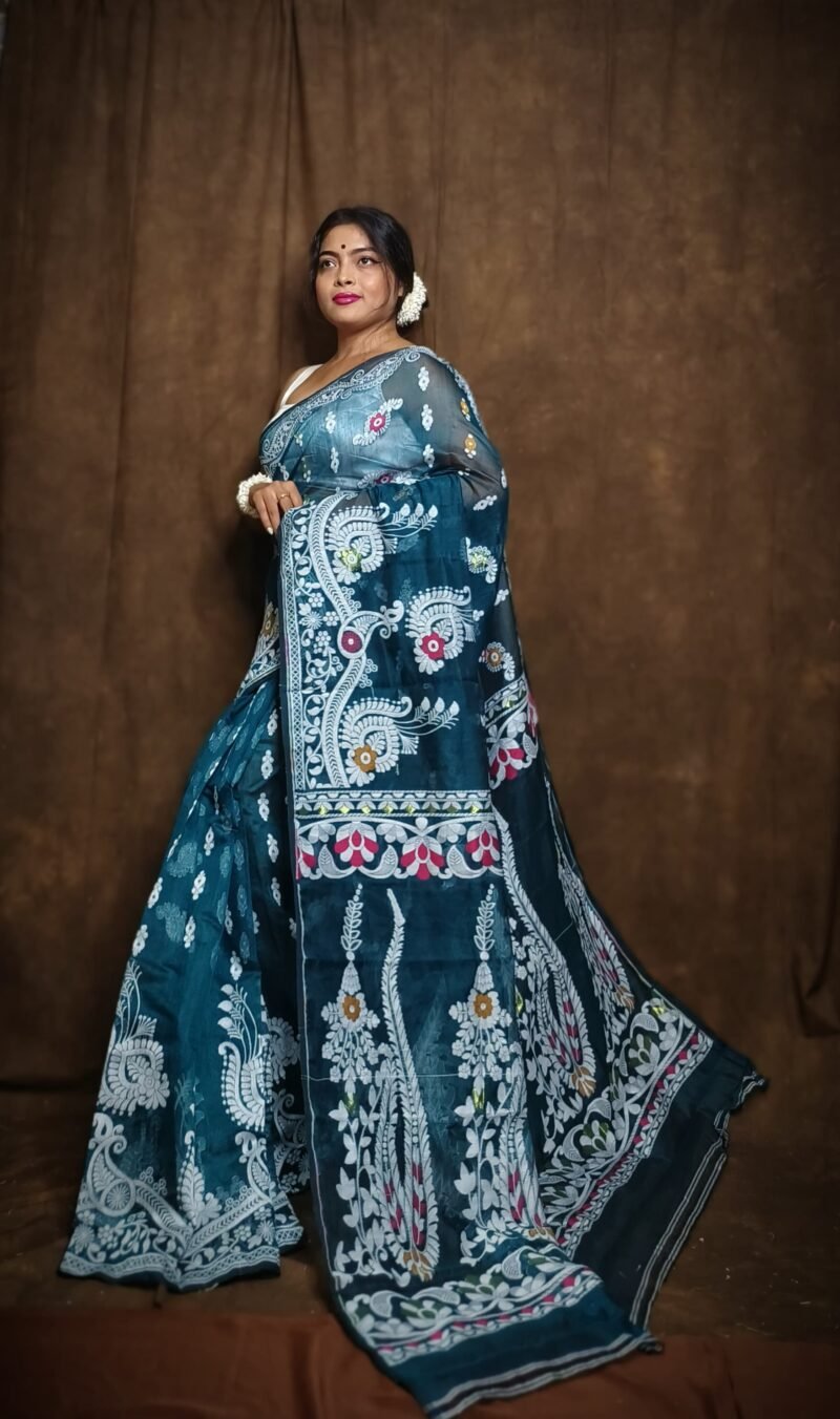 Subholata Soft Deep Green Jamdani Saree - Image 2