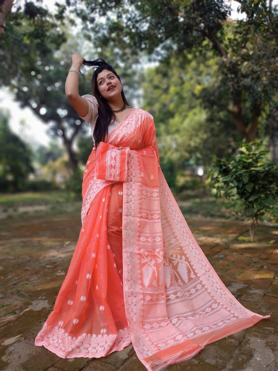 Achol Karat Orange Soft Jamdani Saree