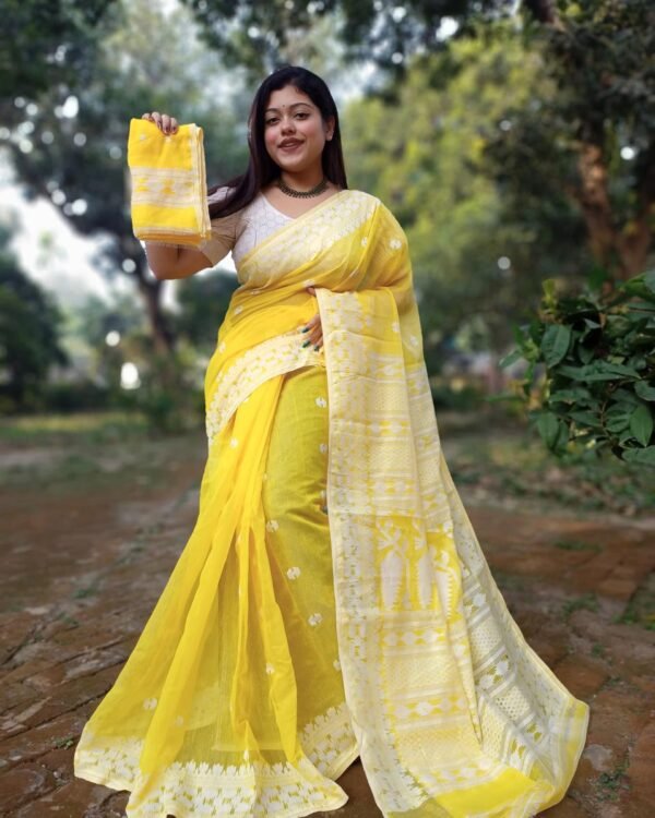 Achol Karat Yelllow Soft Jamdani Saree
