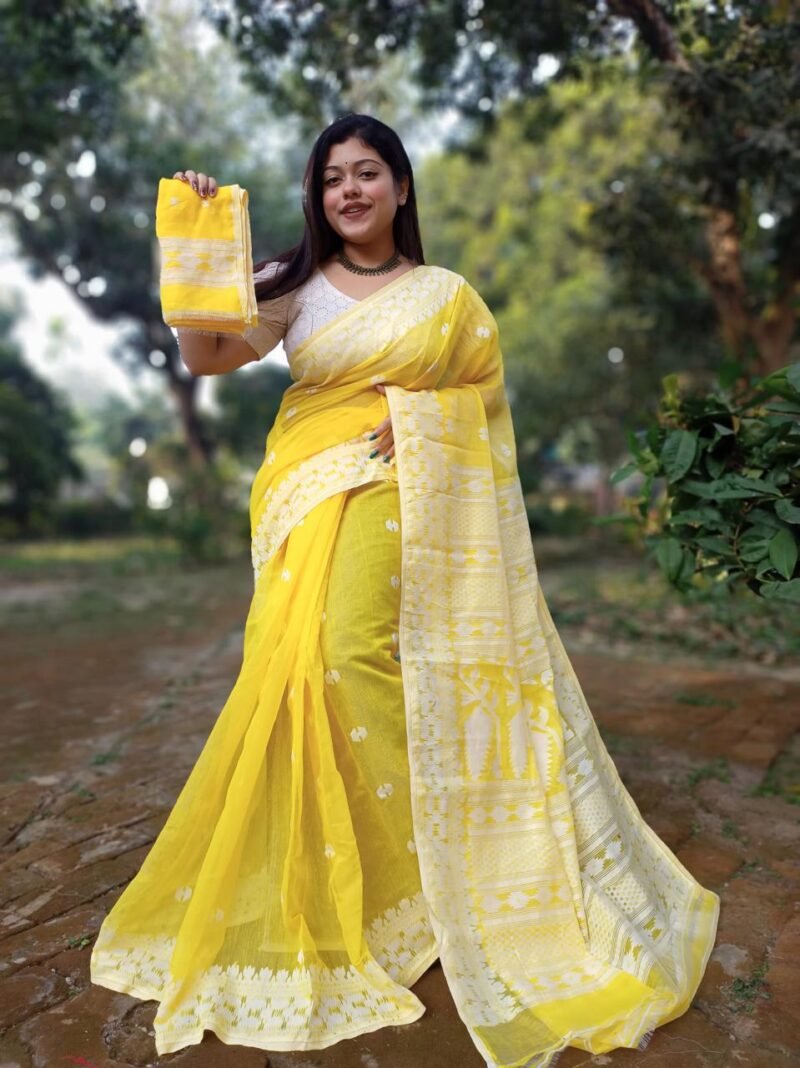 Achol Karat Yelllow Soft Jamdani Saree
