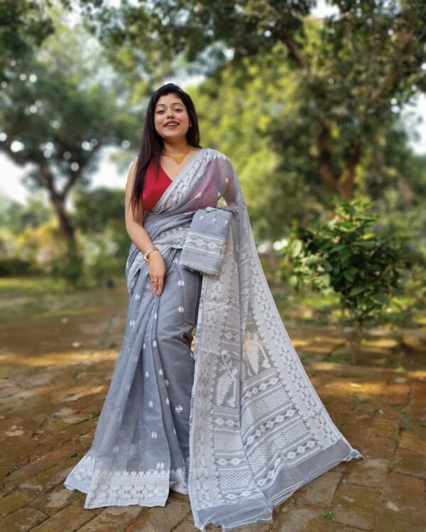 Achol Karat Grey Soft Jamdani Saree