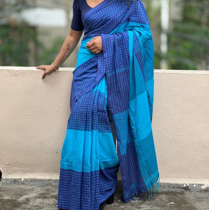 Ikkat 3D Soft Blue Khadi Saree