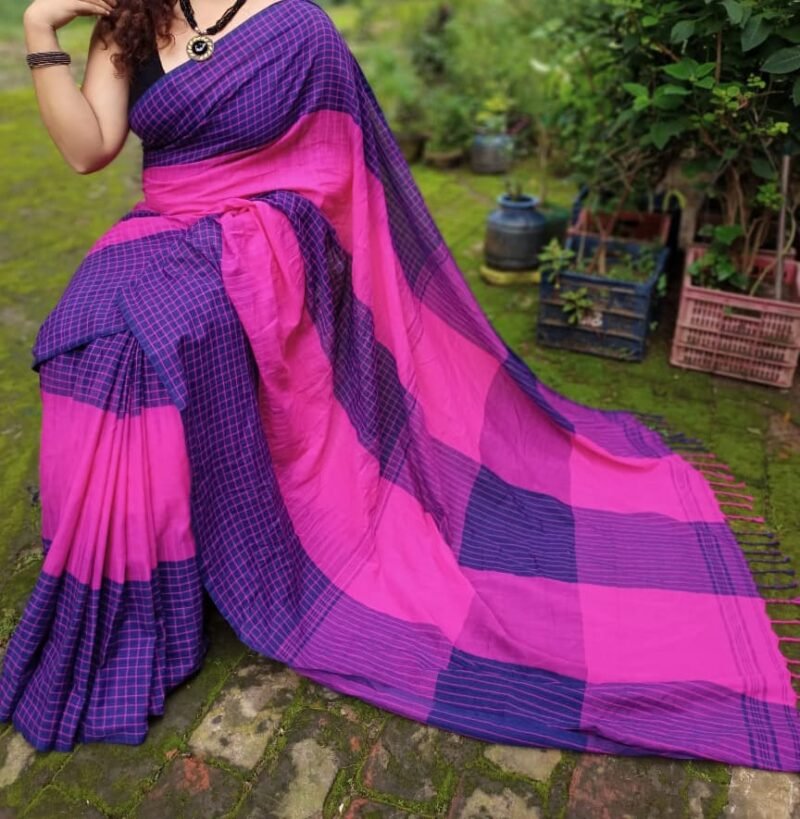 Ikkat 3D Soft Pink Blue Khadi Saree