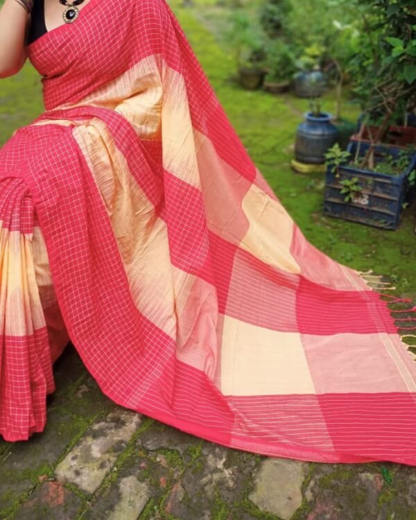 Ikkat 3D Soft Red Cream Khadi Saree