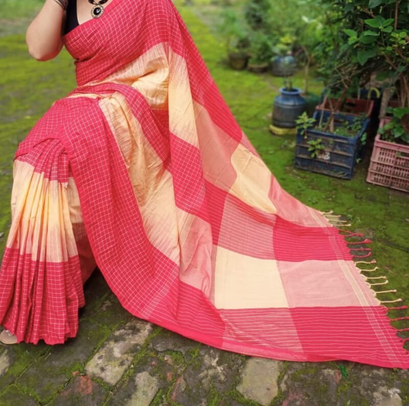 Ikkat 3D Soft Red Cream Khadi Saree