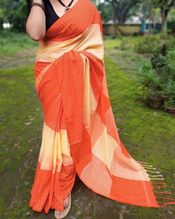 Ikkat 3D Soft Cream Orange Khadi Saree