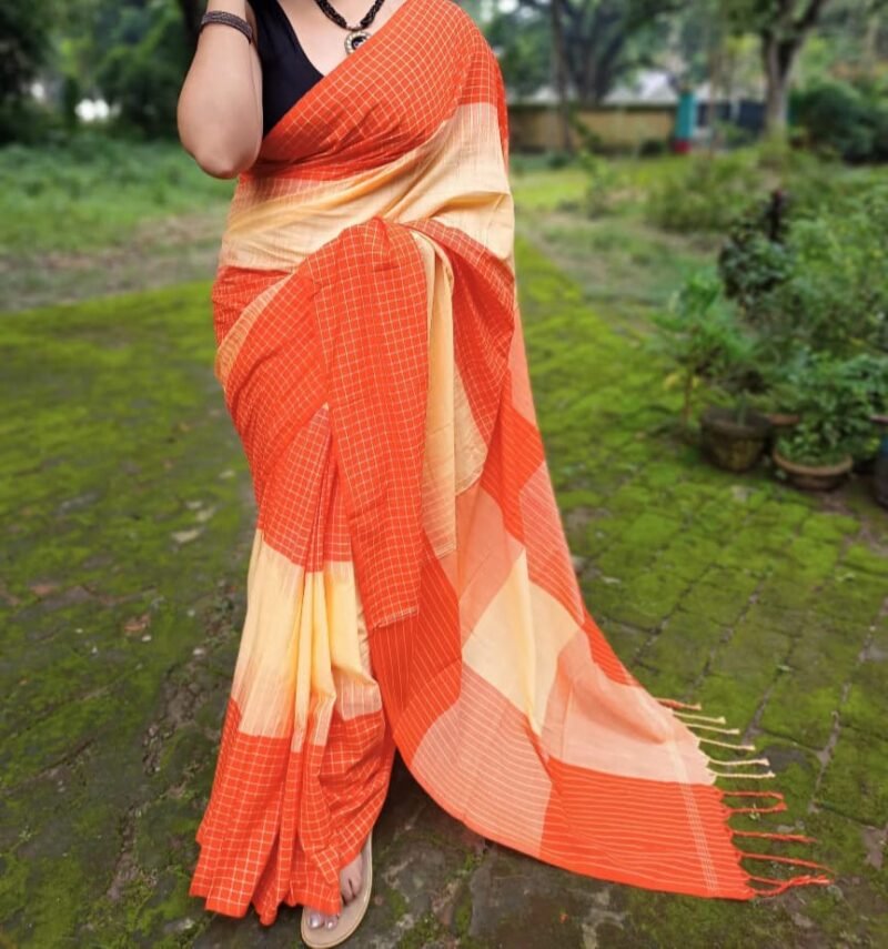 Ikkat 3D Soft Cream Orange Khadi Saree