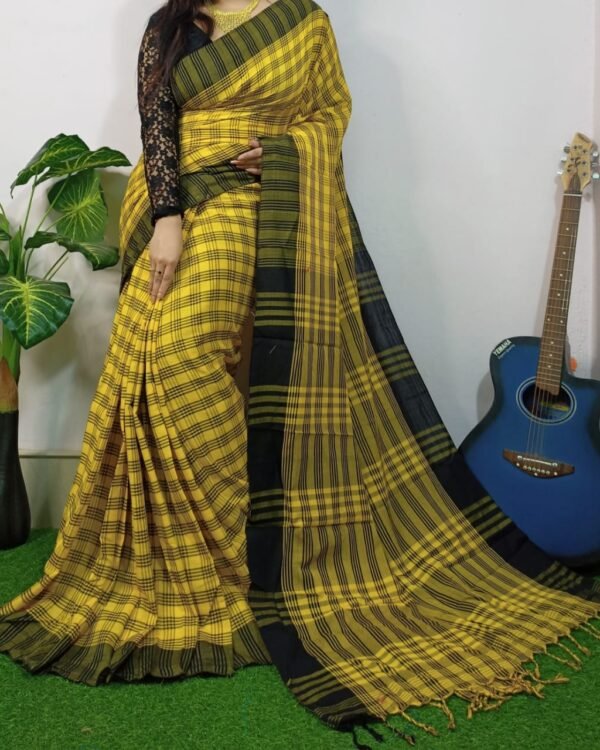 Chek Soft Yellow Black Khadi Saree