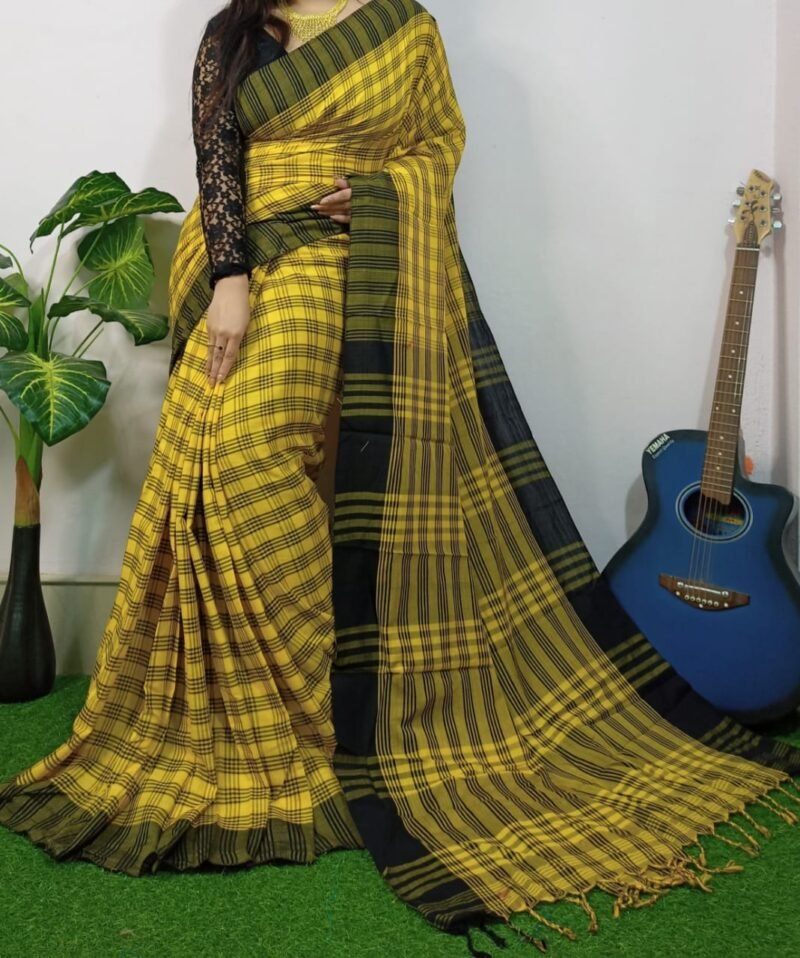 Chek Soft Yellow Black Khadi Saree
