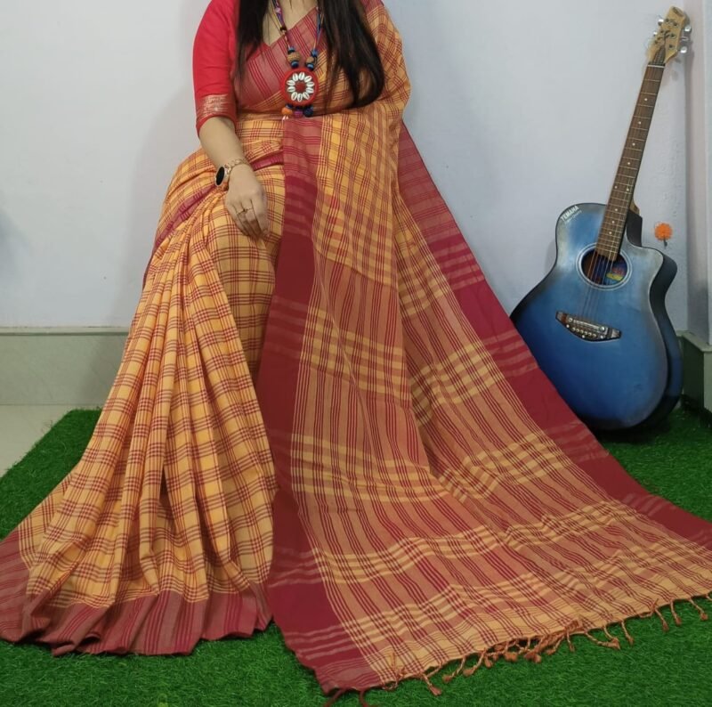 Chek Soft Yellow Red Khadi Saree - Image 2