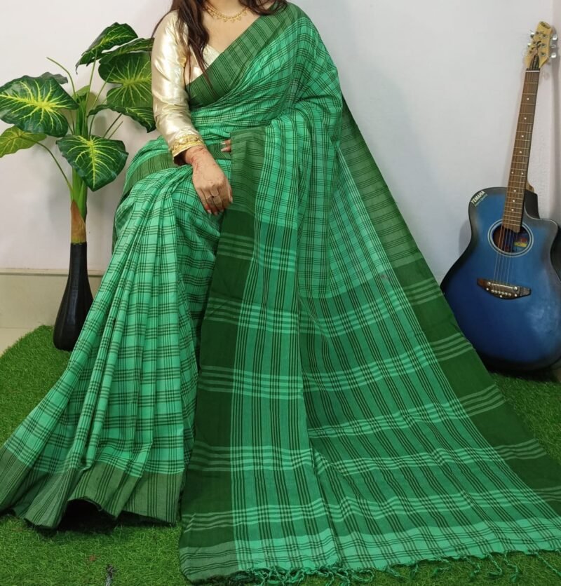Chek Soft Green Khadi Saree - Image 2