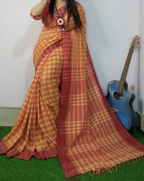Chek Soft Yellow Red Khadi Saree