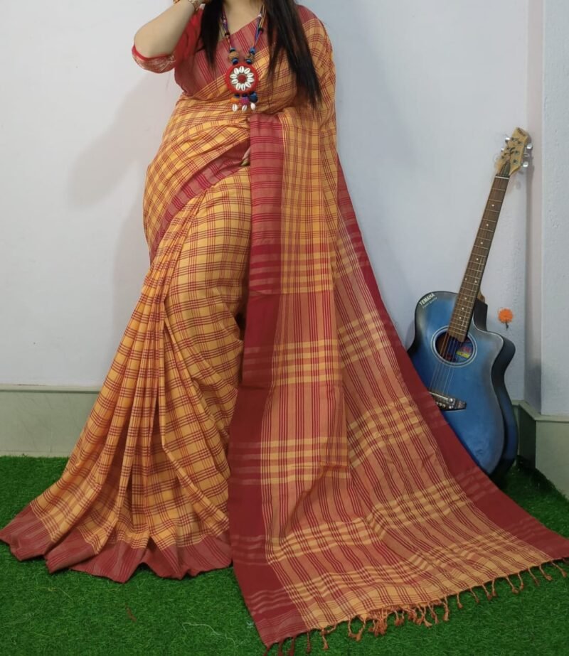 Chek Soft Yellow Red Khadi Saree