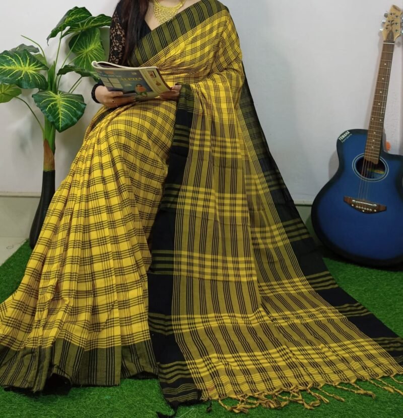Chek Soft Yellow Black Khadi Saree - Image 2