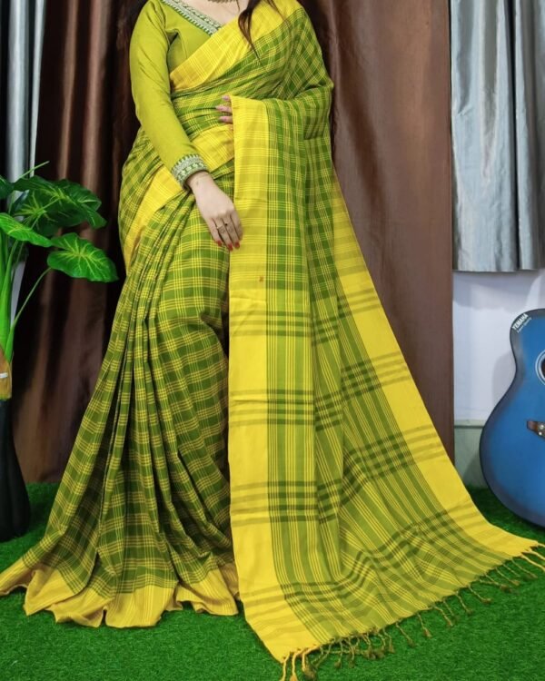 Chek Soft Yellow Khadi Saree