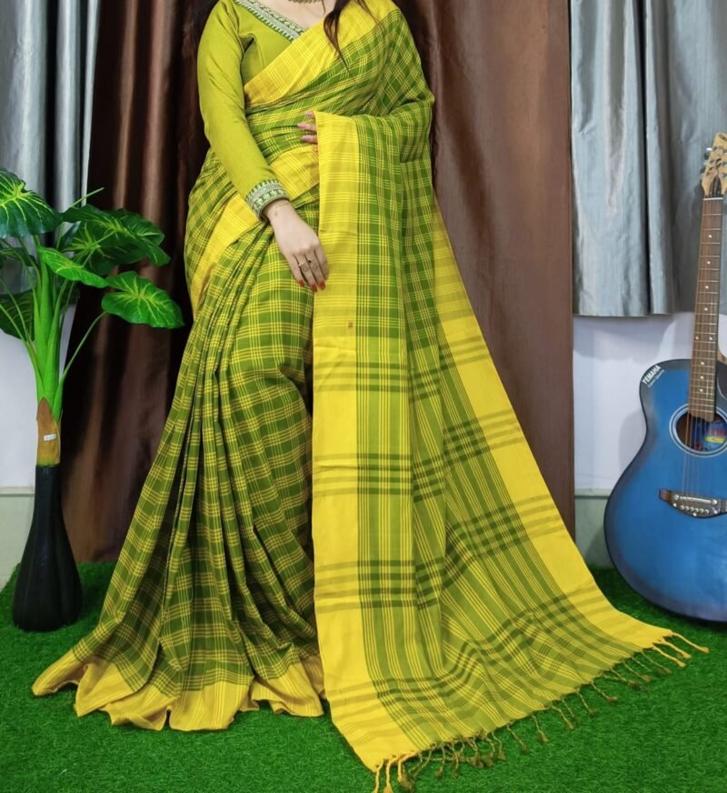 Chek Soft Yellow Khadi Saree
