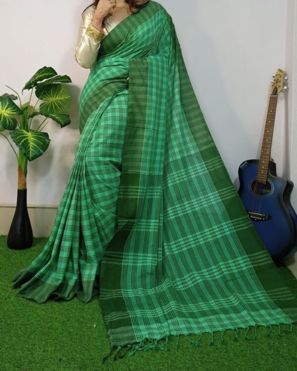 Chek Soft Green Khadi Saree