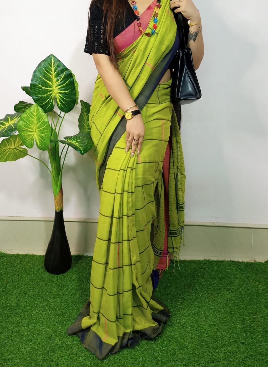 Itbuti Soft Green Khadi Saree