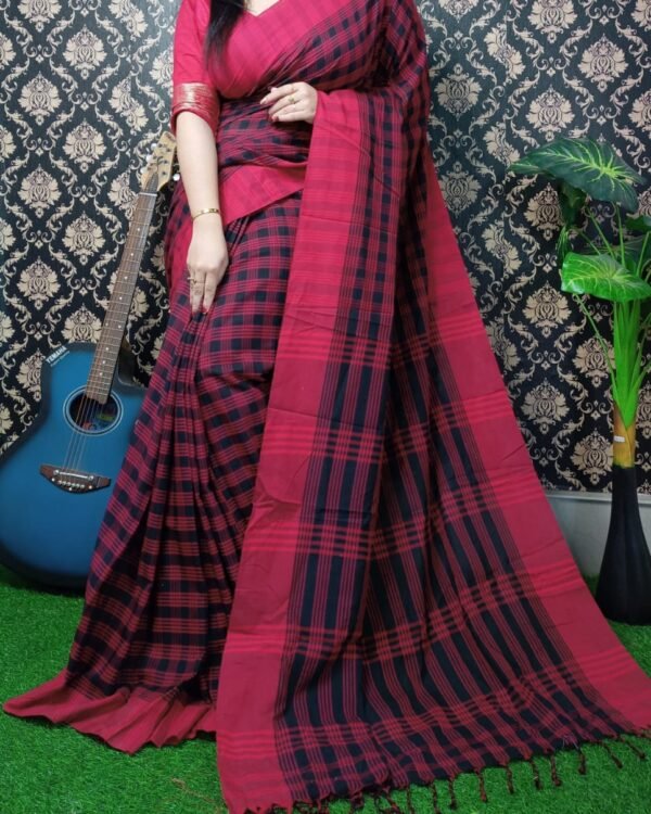 Chek Soft Red Khadi Saree