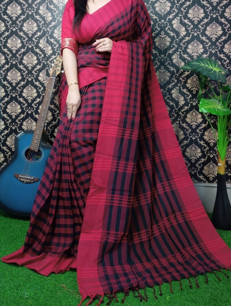Chek Soft Red Khadi Saree