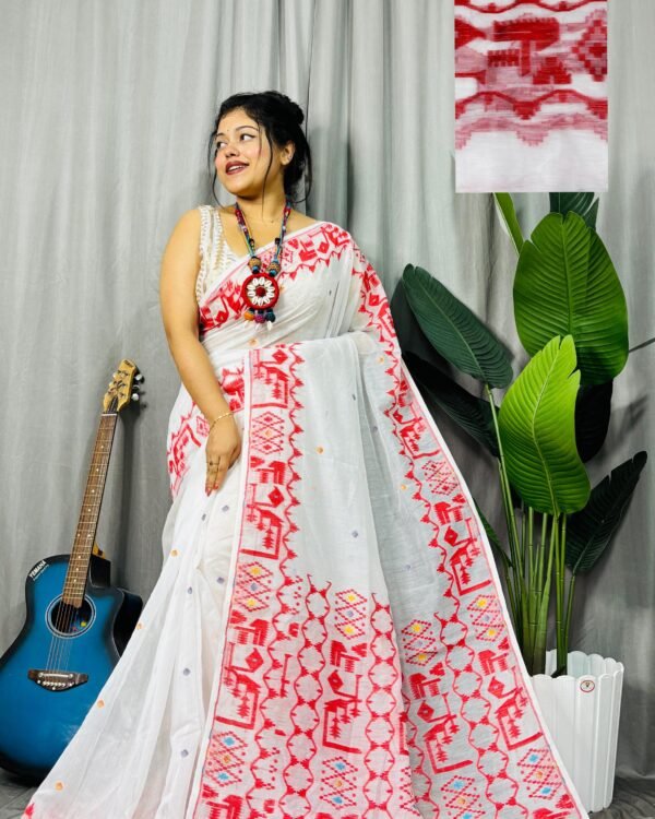 Banarosi White Red Soft Jamdani Saree
