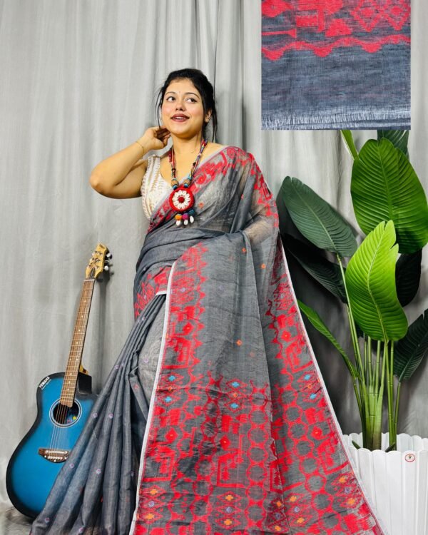 Banarosi Grey Red Soft Jamdani Saree