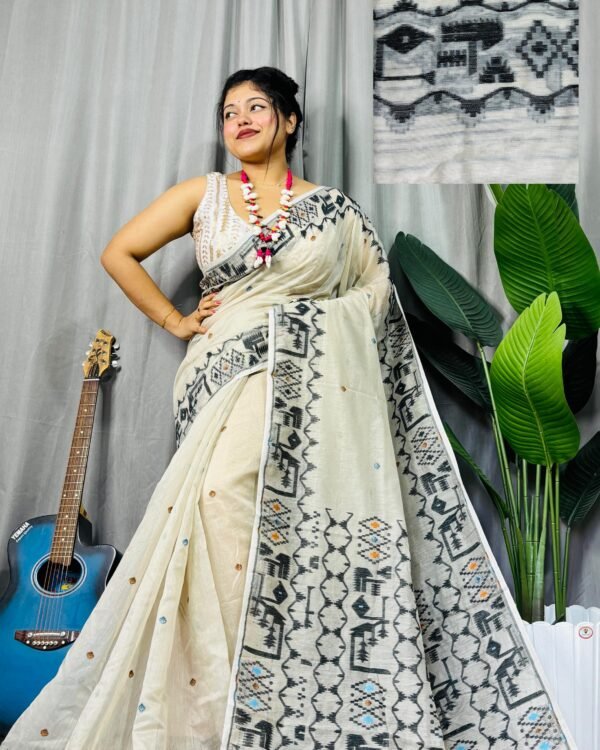 Banarosi White Black Soft Jamdani Saree