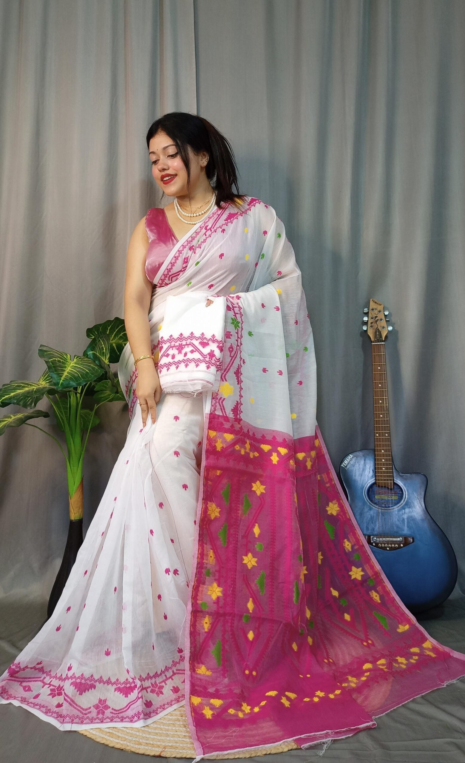 Nokshimala Soft White Pink Jamdani Saree
