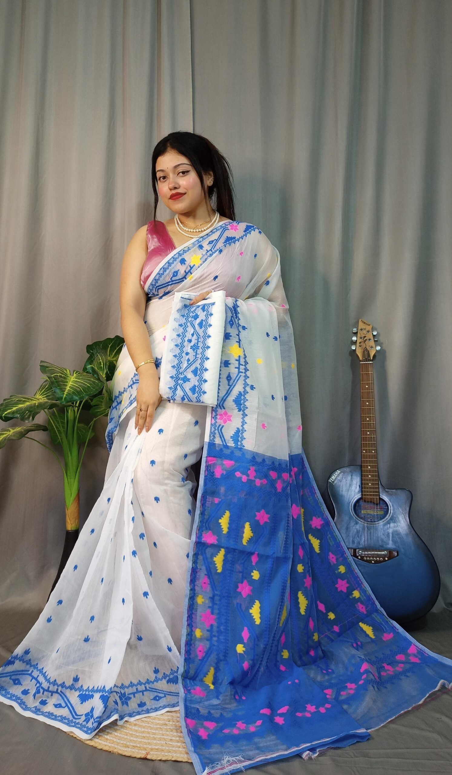 Nokshimala Soft White Blue Jamdani Saree - Image 2