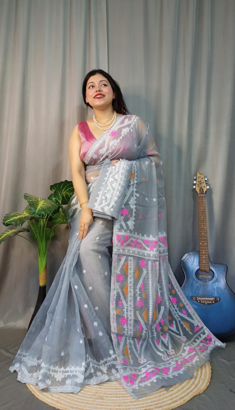 Nokshimala Soft Grey Jamdani Saree