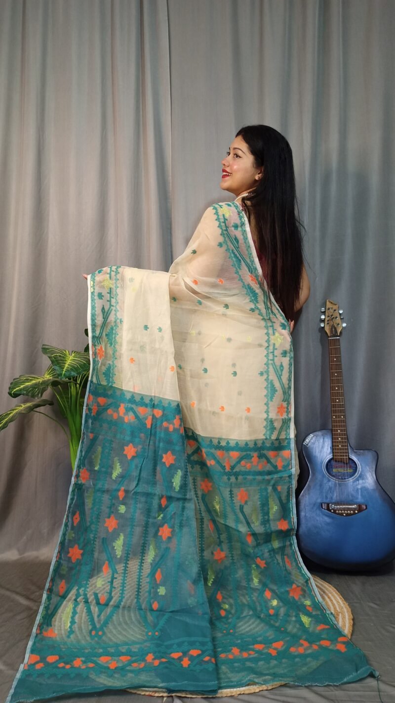 Nokshimala Soft Cream Jamdani Saree - Image 2
