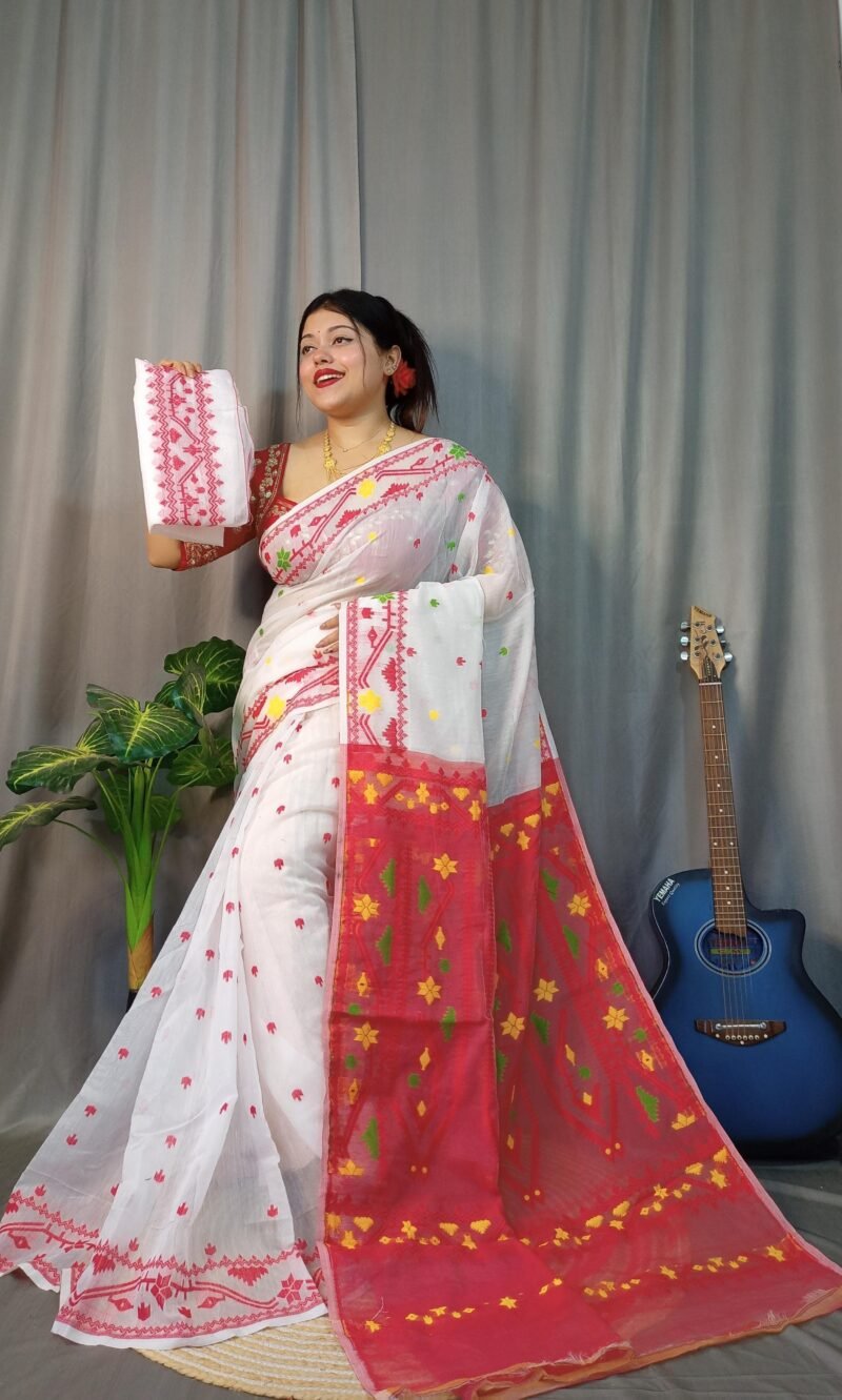 Nokshimala Soft White Red Jamdani Saree