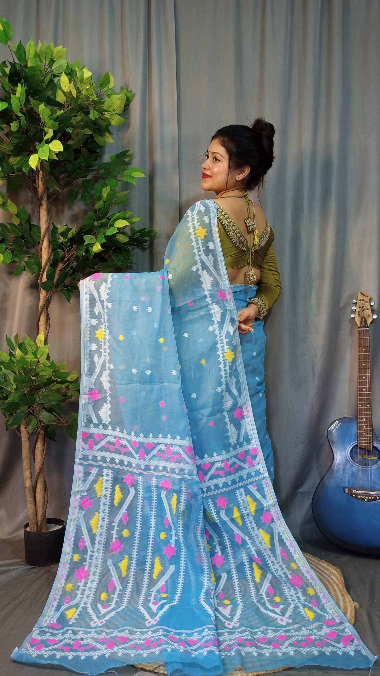 Nokshimala Soft Sky Blue Jamdani Saree - Image 3