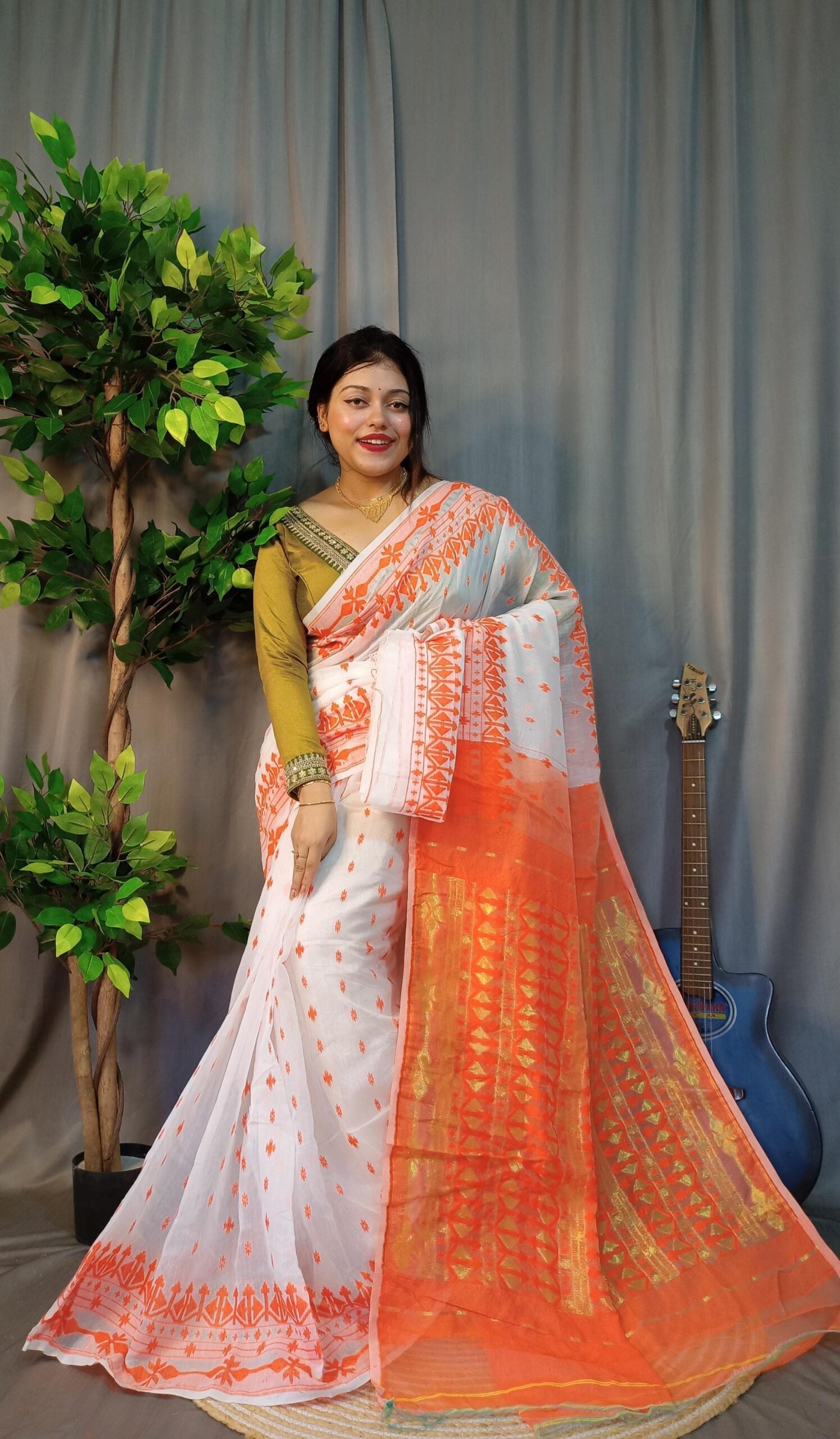 Tarongonila Soft White Orange Jamdani Saree
