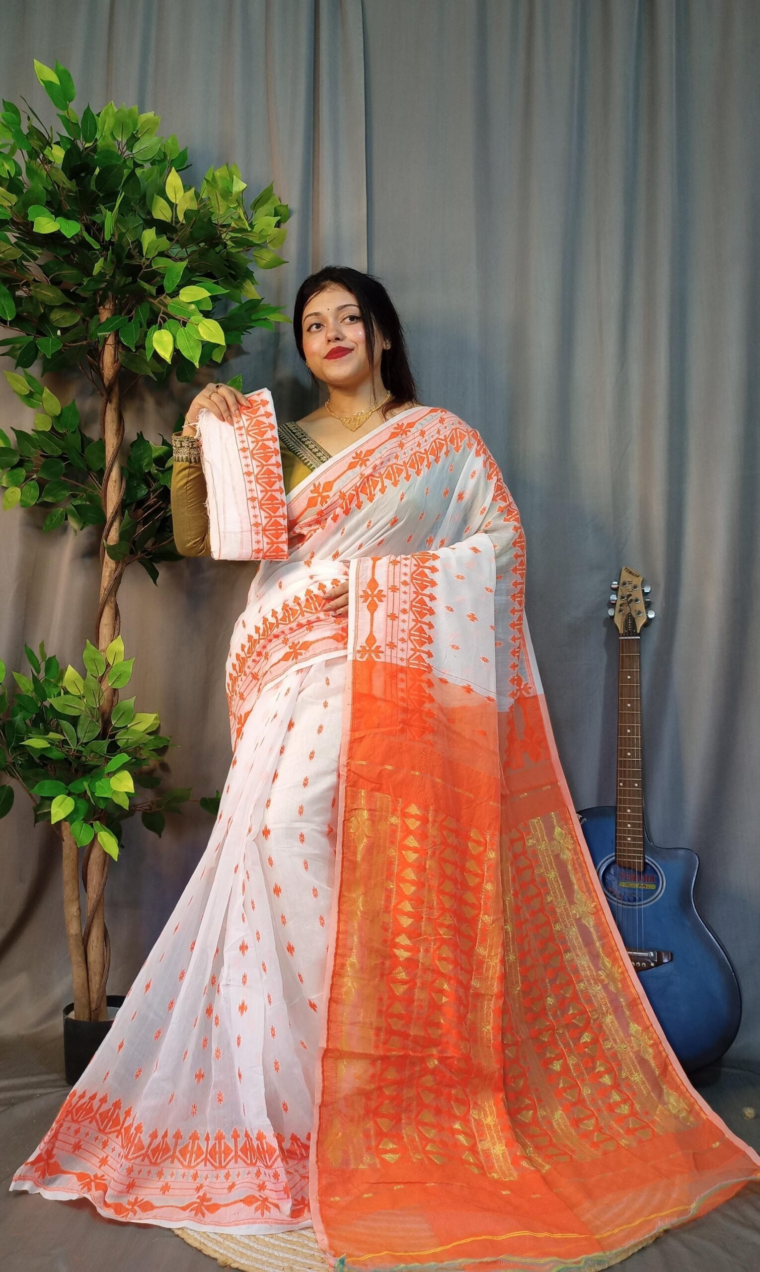 Tarongonila Soft White Orange Jamdani Saree - Image 2