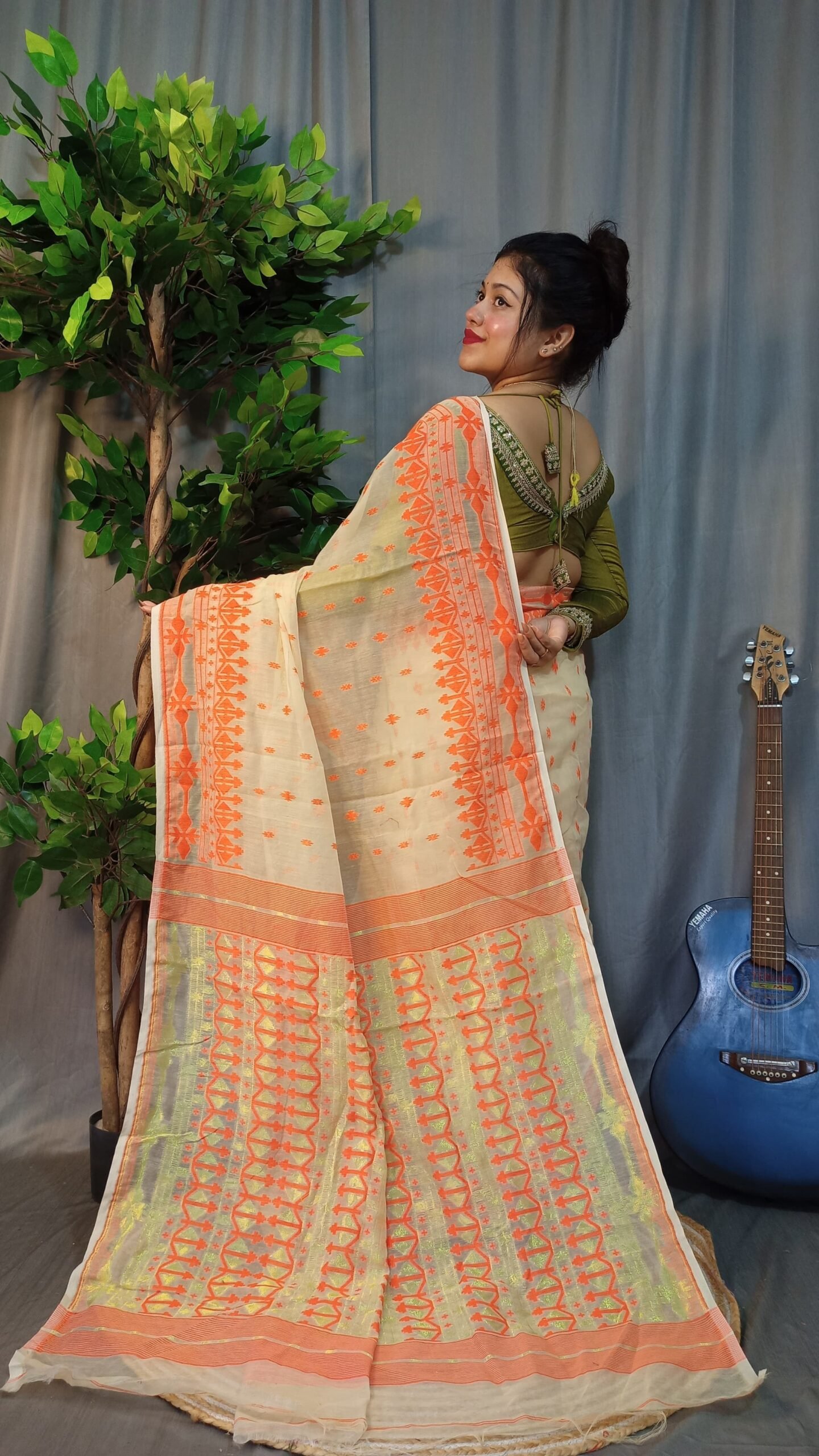 Tarongonila Soft Off White Orange Jamdani Saree - Image 2