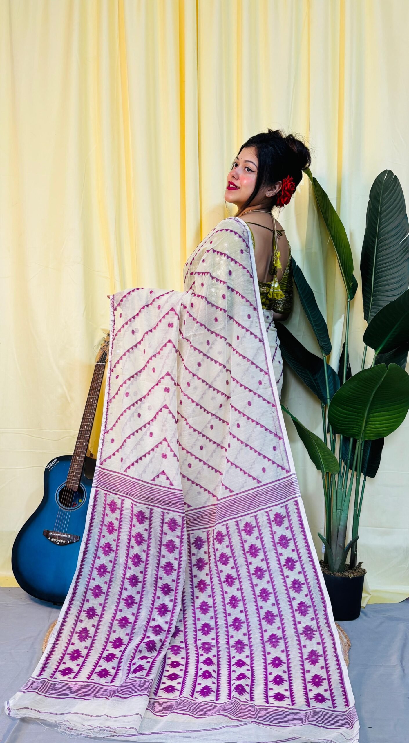 Chitrolota Soft White Purple Jamdani Saree - Image 2