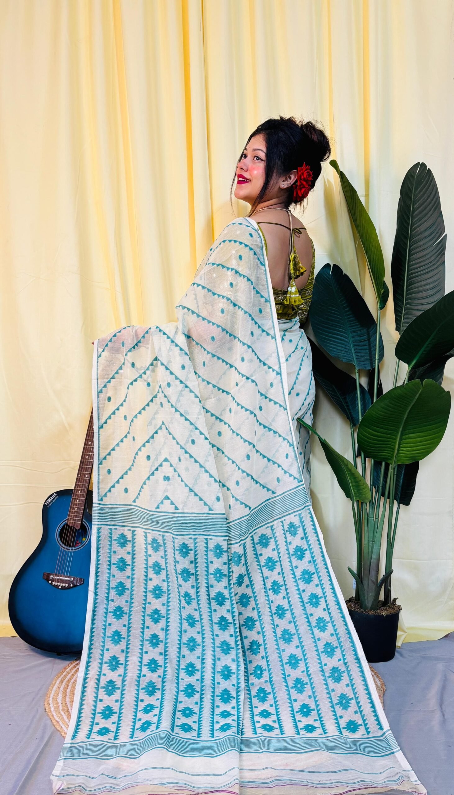 Chitrolota Soft White Green Jamdani Saree - Image 3