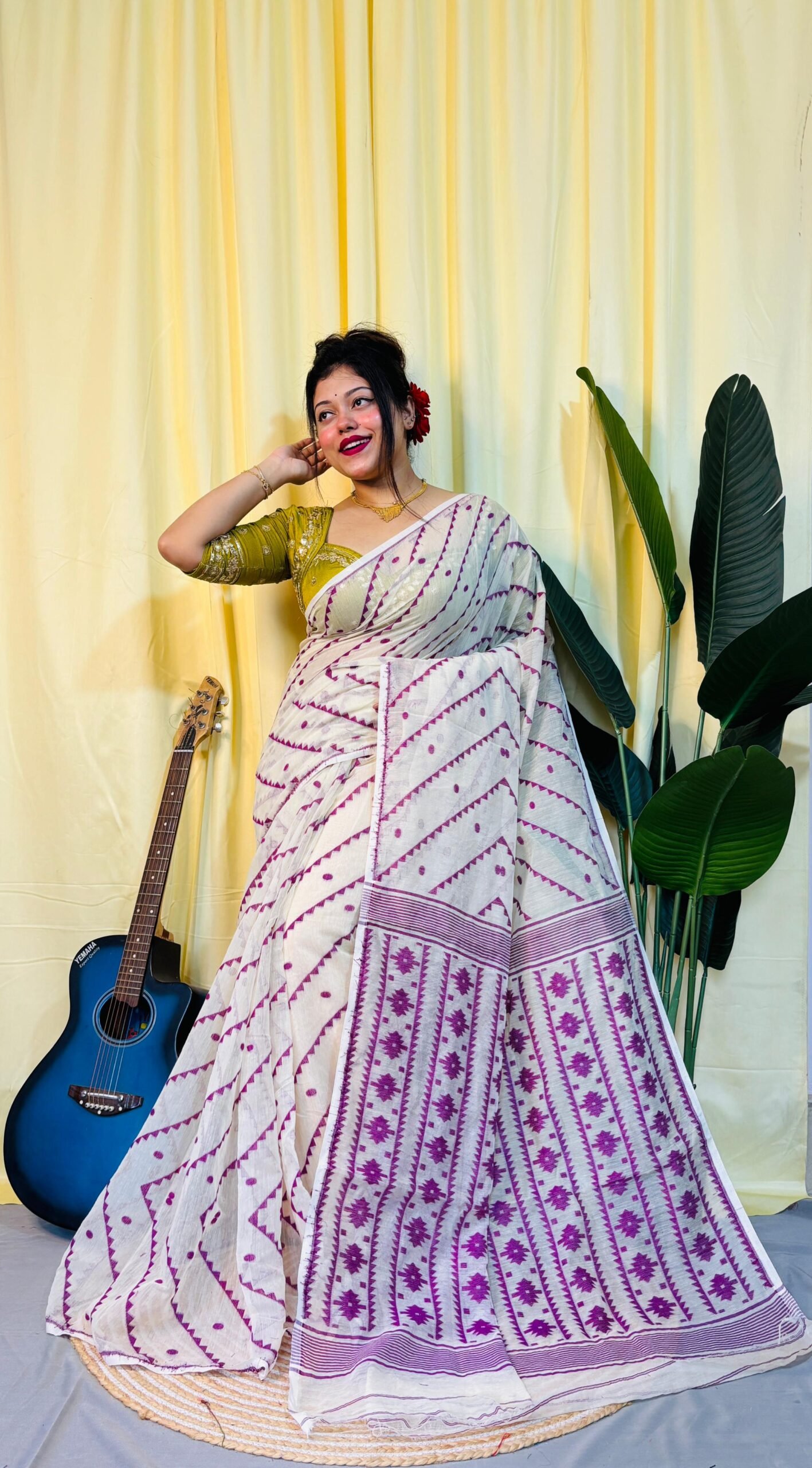 Chitrolota Soft White Purple Jamdani Saree
