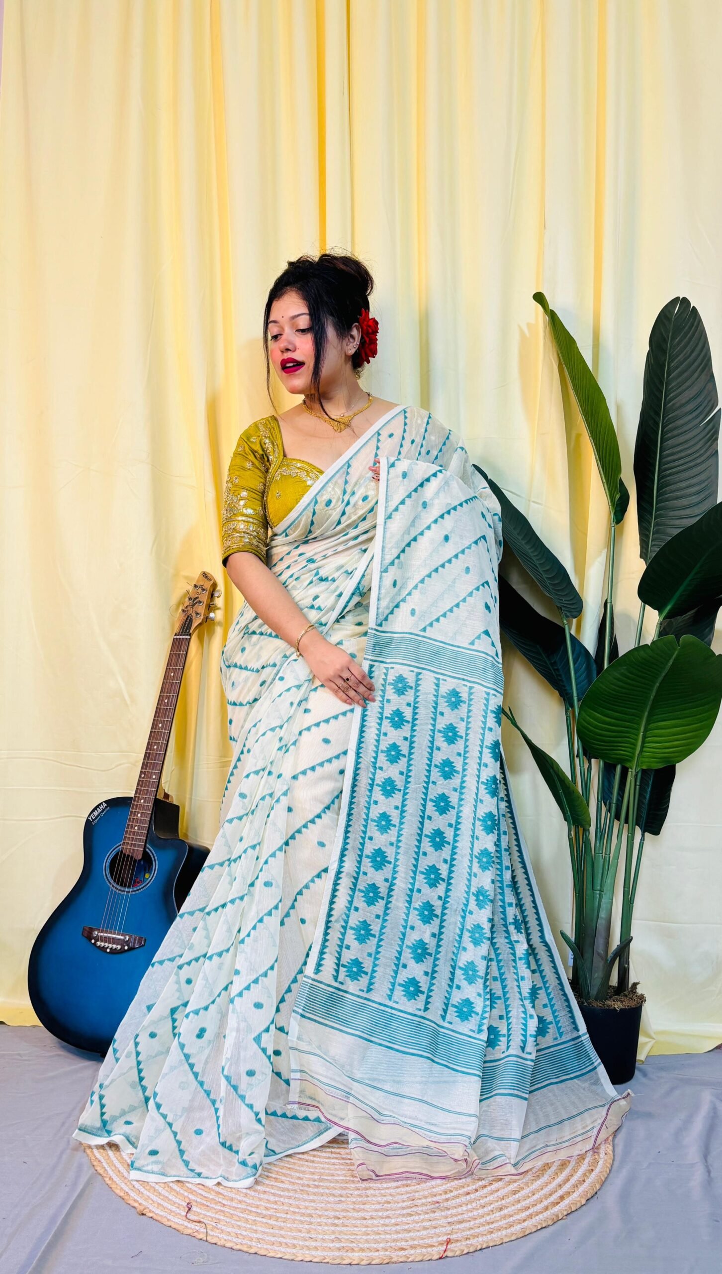 Chitrolota Soft White Green Jamdani Saree - Image 2