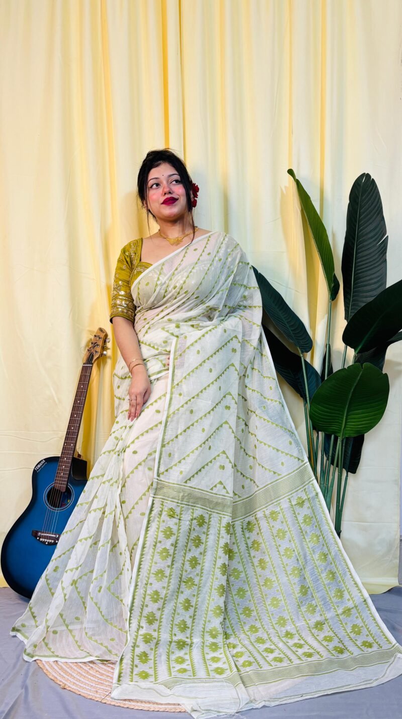 Chitrolota Soft White Pasta Jamdani Saree