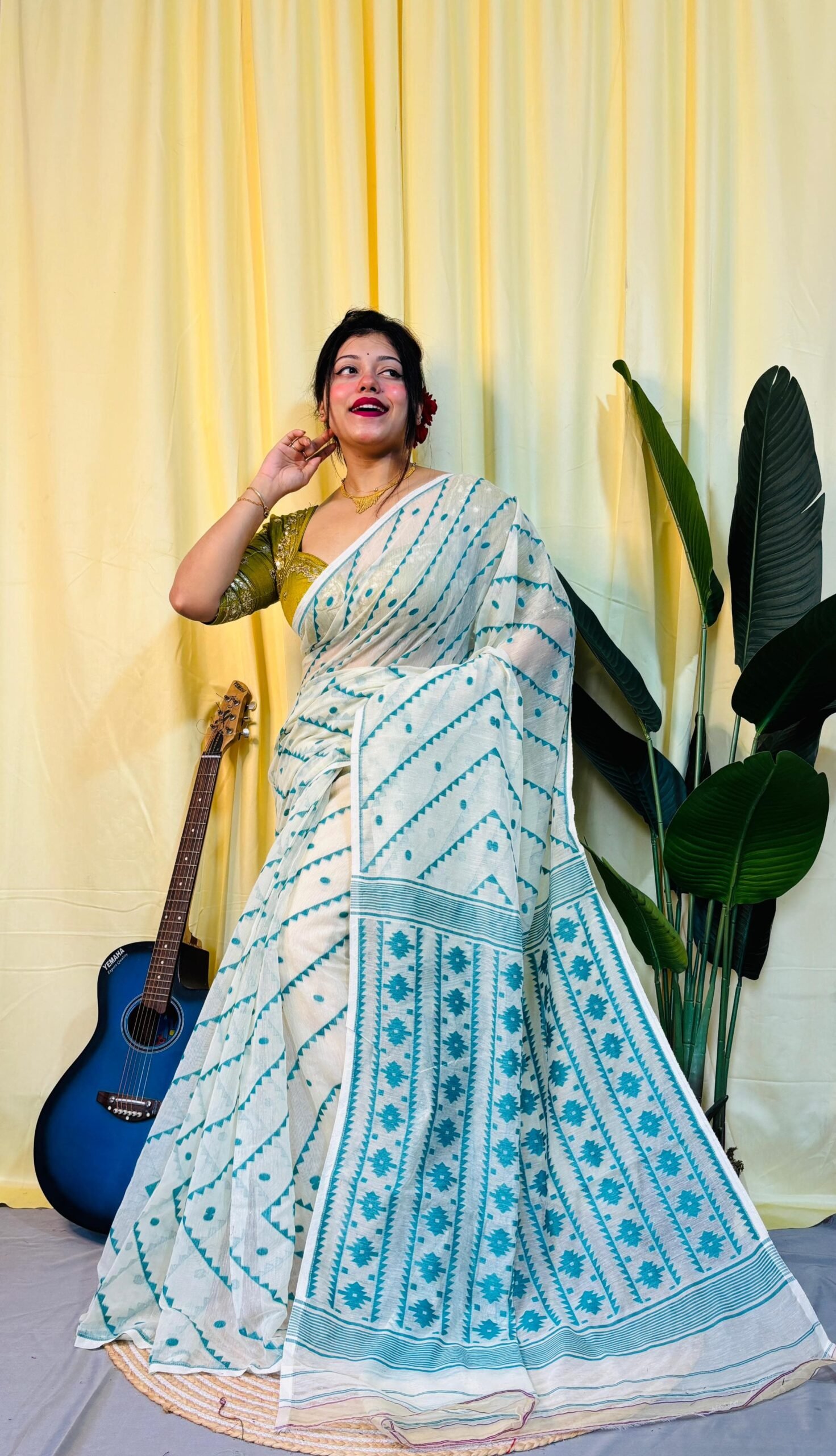 Chitrolota Soft White Green Jamdani Saree