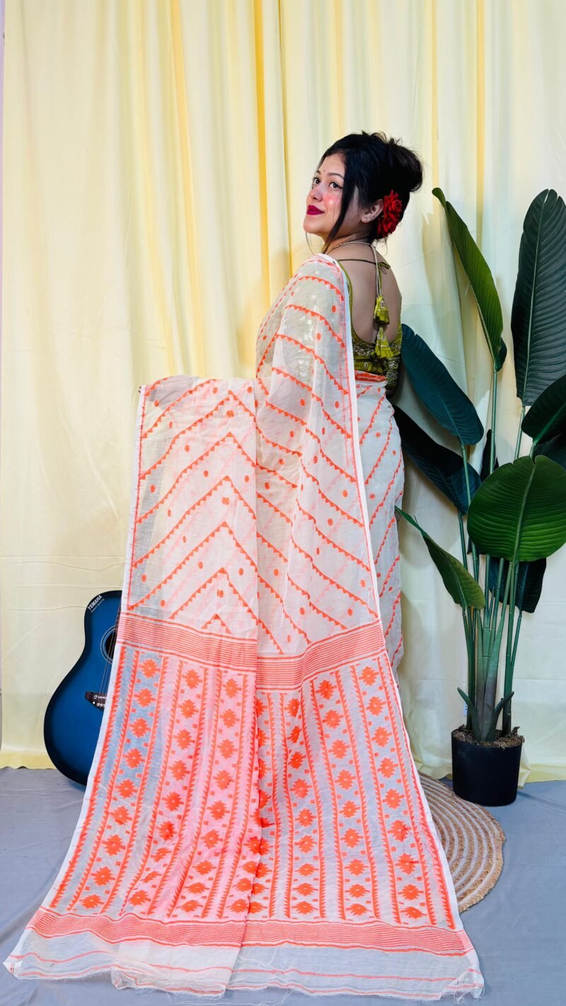 Chitrolota Soft Orange Jamdani Saree - Image 2