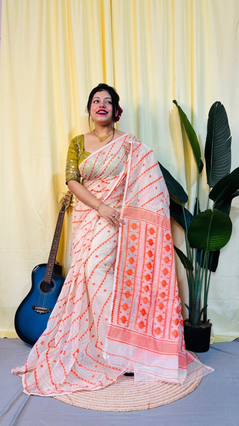 Chitrolota Soft Orange Jamdani Saree - Image 3