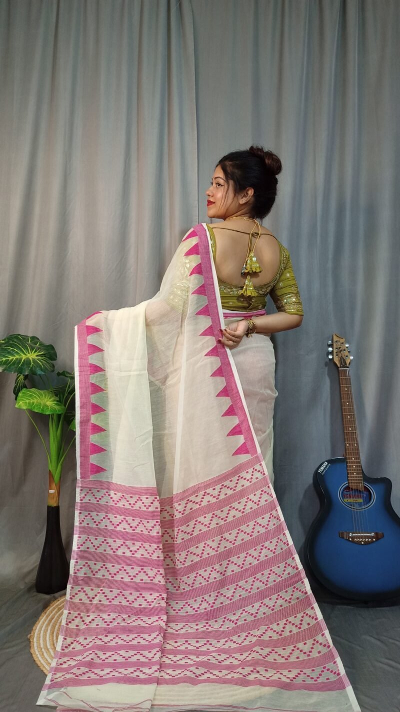 Nabonita Soft White Pink Jamdani Saree - Image 3